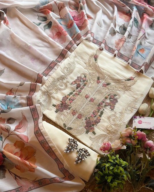 Pakistani patterned mul chanderi suit with digital muslin stole