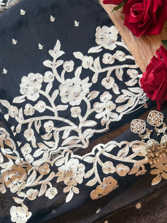 Karachi patterned aari work black fine chinnon suit set