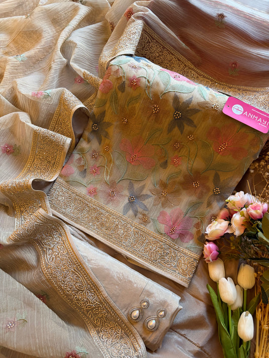 Crushed Organza french pastel work suit set