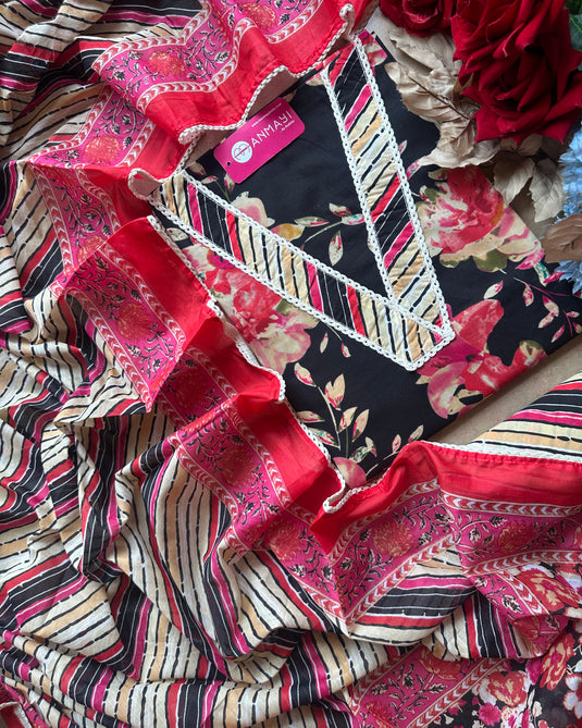 V neck printed floral suit set with print cotton salwar