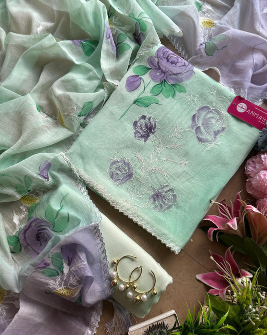 Pure Mul handpaint shaded aari work suit set with ombré dupatta