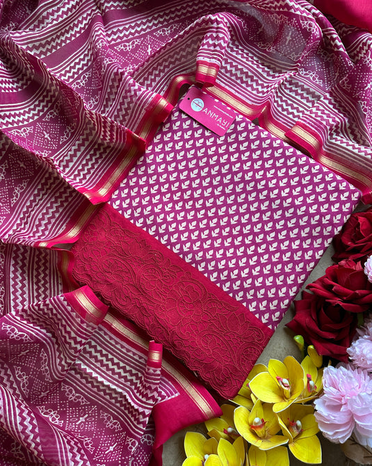 Block print pure 70 gms Chanderi suit set with embroidered borders