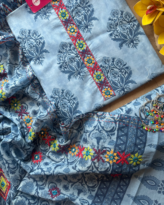 Indigo block print pure cotton suit with Kutch work dupatta