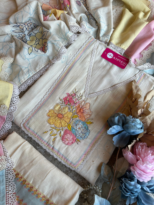 Ivory pure linen suit set with candy shades crochet dupatta
