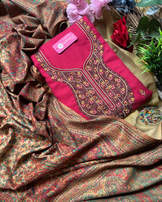Kashmiri work woollen suits with printed shawls