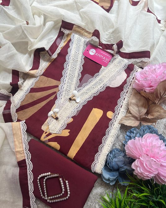 Abstract dark shades hakooba lace patterned pure cotton suit set