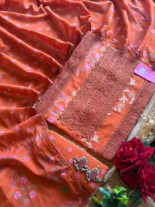 Laces detail pure cotton printed suit set