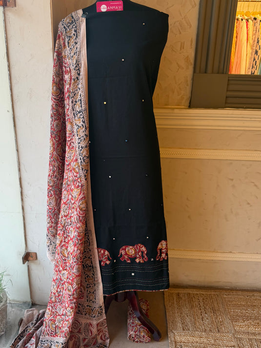 Patched work mirror elephant ajrakh cotton suit set