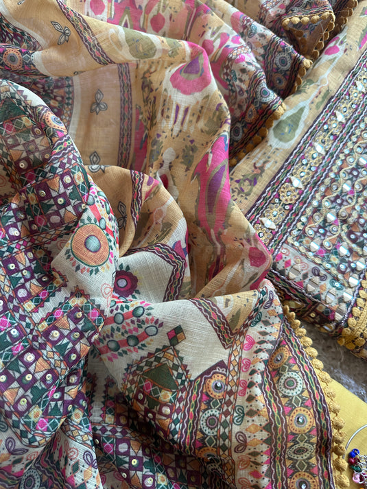 Printed linen Chanderi suits with highlighted thread and mirror details