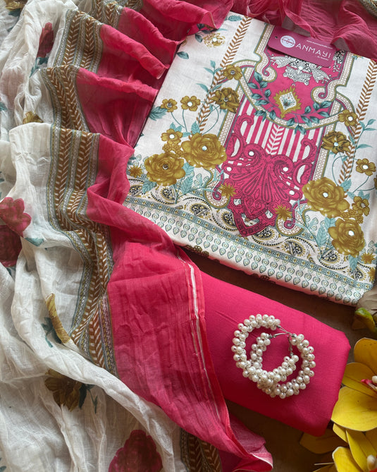 Pakistani style muslin cotton suit set with cotton dupatta