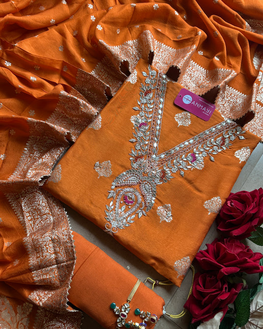 Pita work neck Banarasi dolla silk suit set