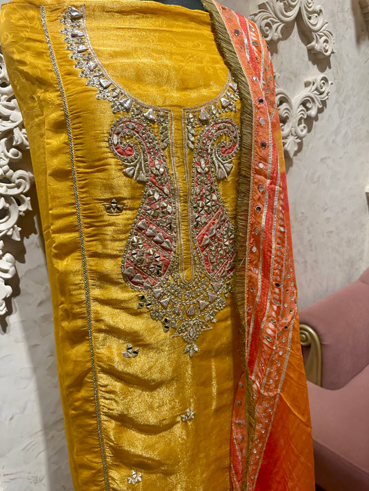 Tissue banarasi combination suit set with gotta mirror work and bandani dupatta