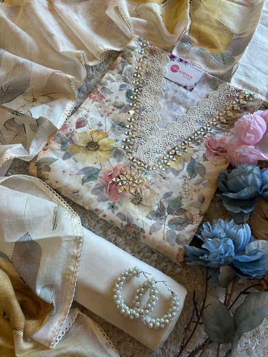 Floral pure cotton mirror neck suit set with digital Mul dupatta