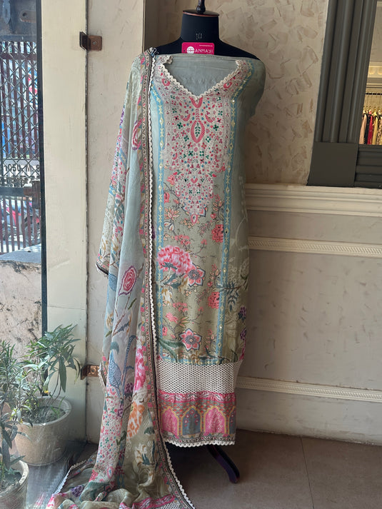 Persian print sage green suit set with crochet details and highlights