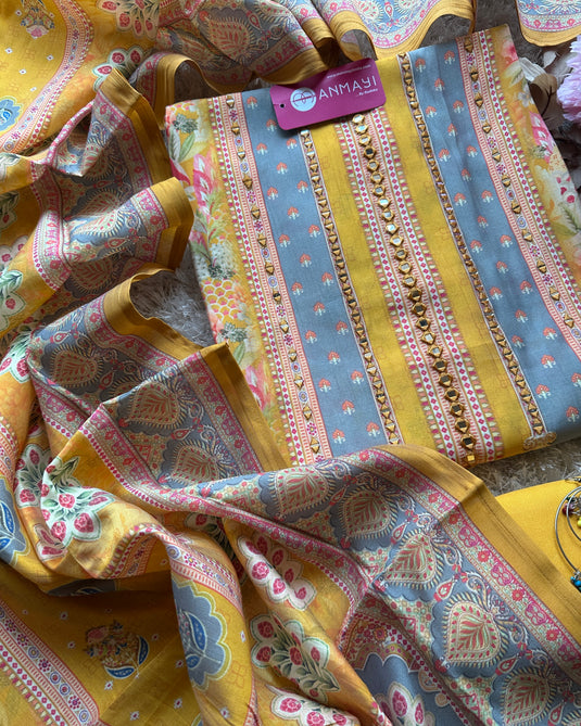 Persian print yellow grey mirror highlights muslin modal suit