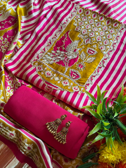 Stripes pink yellow bird motif pure Gajji silk suit set