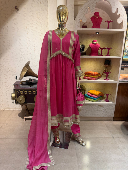 Anarkali Mul cotton fringe lace suit set
