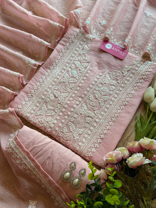 Lucknawi cutdana work pastel Mul Chanderi suit set