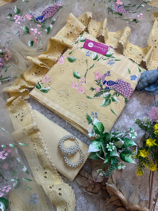 Peacock patched pure cotton suit with handpaint soft net dupatta and Hakooba details