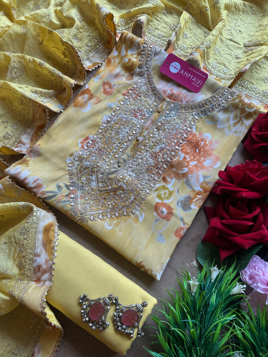 Printed modal floral suit set with golden Dori work