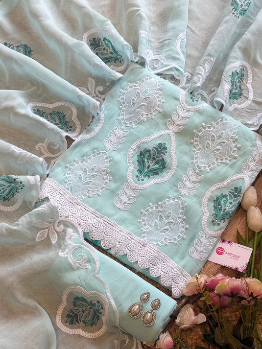 Embossed pearl work pastel Mul cotton suit set