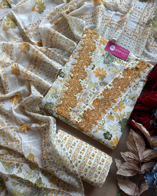 Floral white base cambric cotton Pakistani suit set