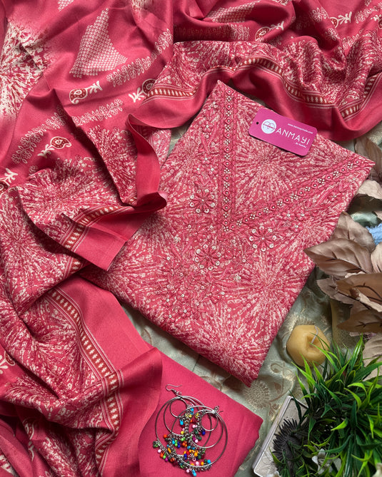 Embroidered V neck printed pashmina suit sets