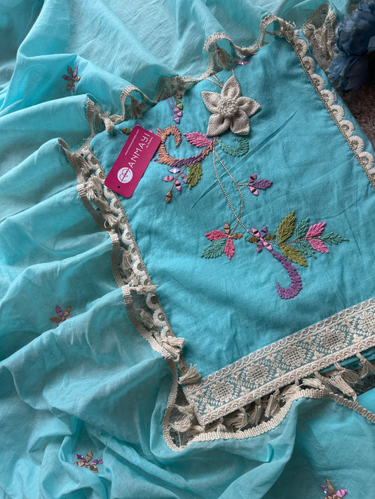 Wool mirror work Mul Chanderi sets with tassel dupatta