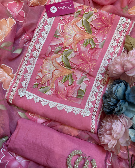 Coloured crochet patch work pure organza suits with handpaint dupatta