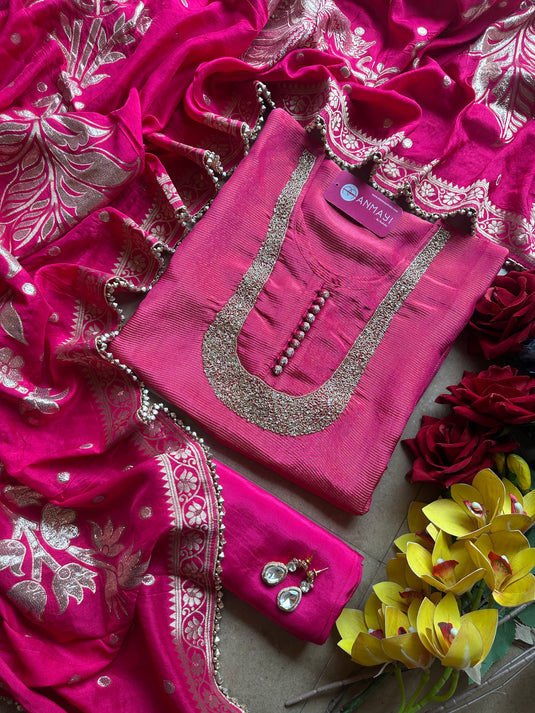 Shimmer lines cutwork u neck with potli buttons and jacquard dupatta