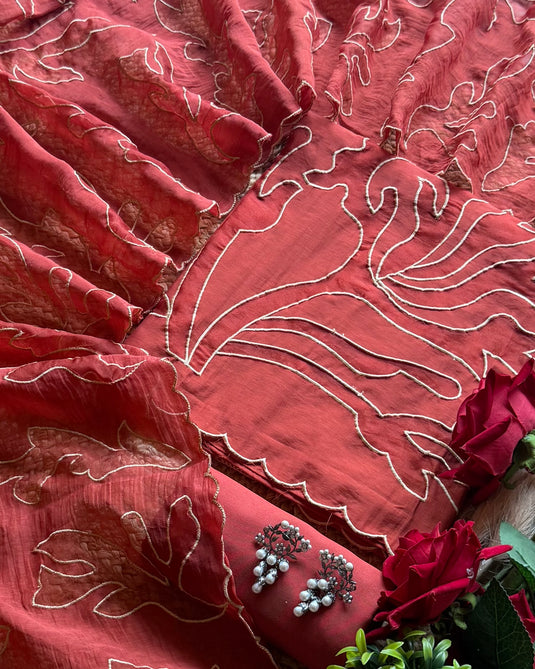 Organza patch applique mul chanderi suit set