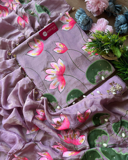 Handpaint Pichwai suit set with shells and lace details