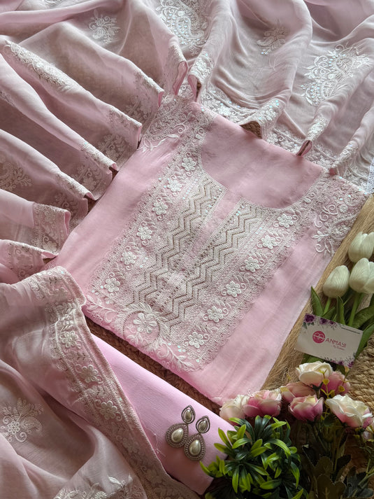 White Dori pattern work pure mul cotton suit set