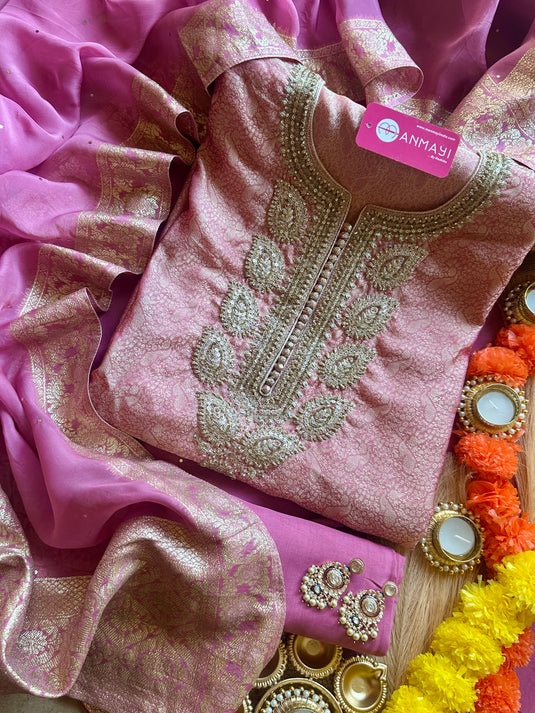 Brocade silk suit set with chinnon Banarasi dupatta