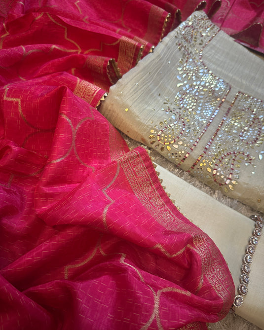 Crushed silk Mukaish Kamdani work suit sets with gold weaves silk dupatta