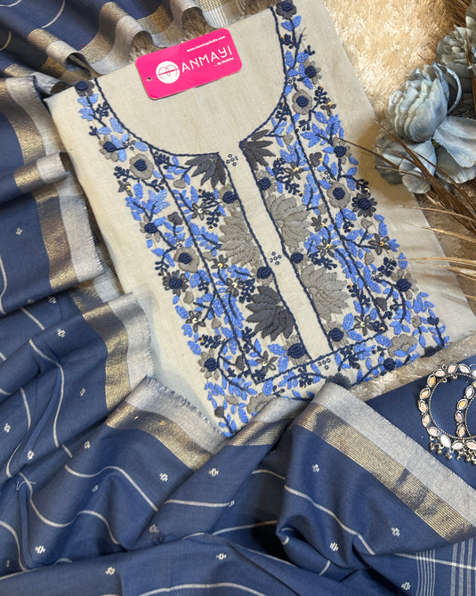 Pure and soft handloom french knot work suit set