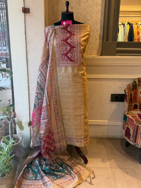 Tussar silk suits paired with printed Persian dupatta
