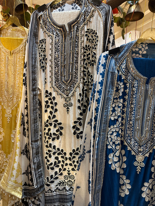 Floral patterned pearl highlight raw silk suit set