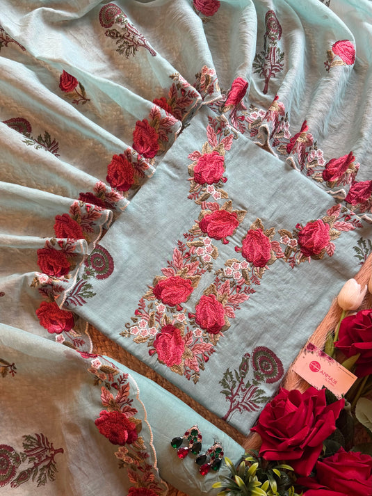 Block print rose embroidery Mul Chanderi suit set