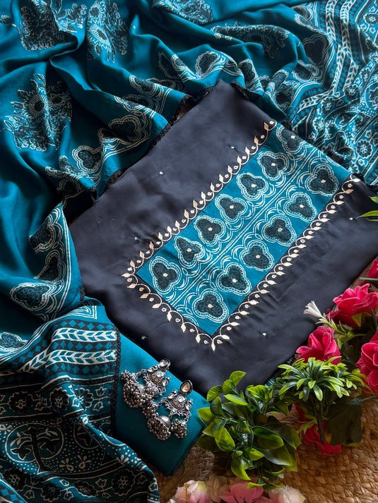 Ajrakh print modal silk black suit set