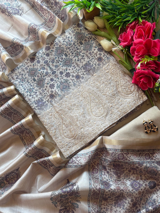 Beige flower Tussar silk Dori work border suit set