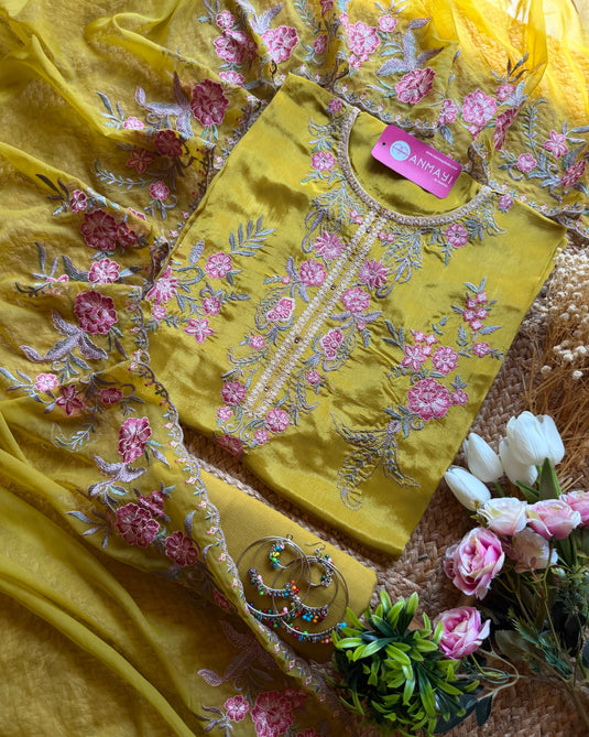 Upada Silk Machine work suit set with organza dupatta