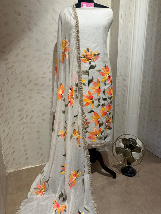 Handpaint ombré flowers with highlights Mul Chanderi suit set