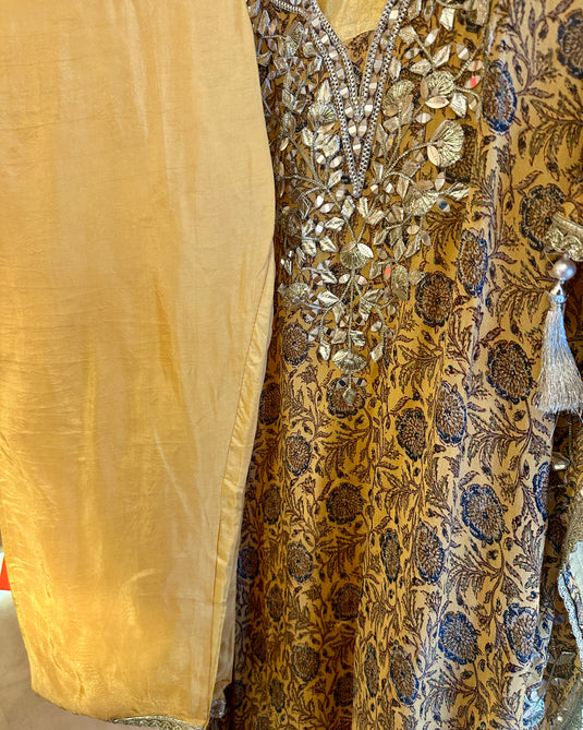 Mustard upada silk gotta work kaftan with tassels