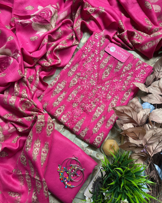 Embroidered V neck printed pashmina suit sets