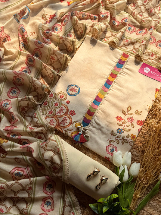 Mul cotton patterned print cream suit set with shantoon bottom and muslin dupatta