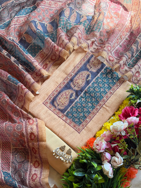 Kairi print Chanderi suit set with Kantha work dupatta