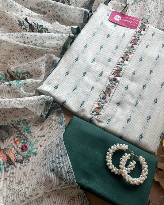 Pure cotton white green combination suit set with embroidered Kota dupatta