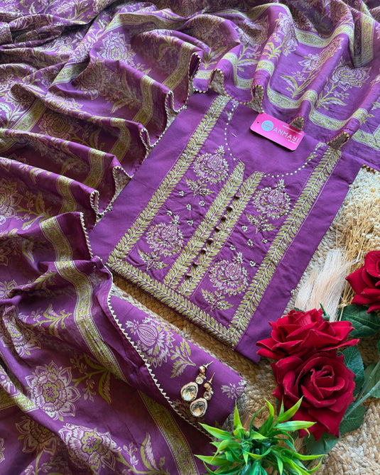 Cambric cotton festive suit set with highlights flower neck