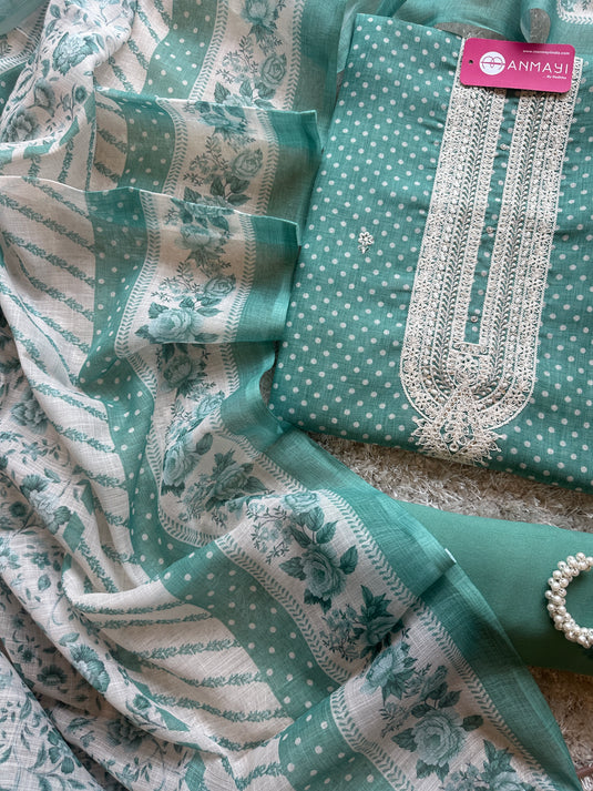 Polka dots printed linen suits with digital dupatta